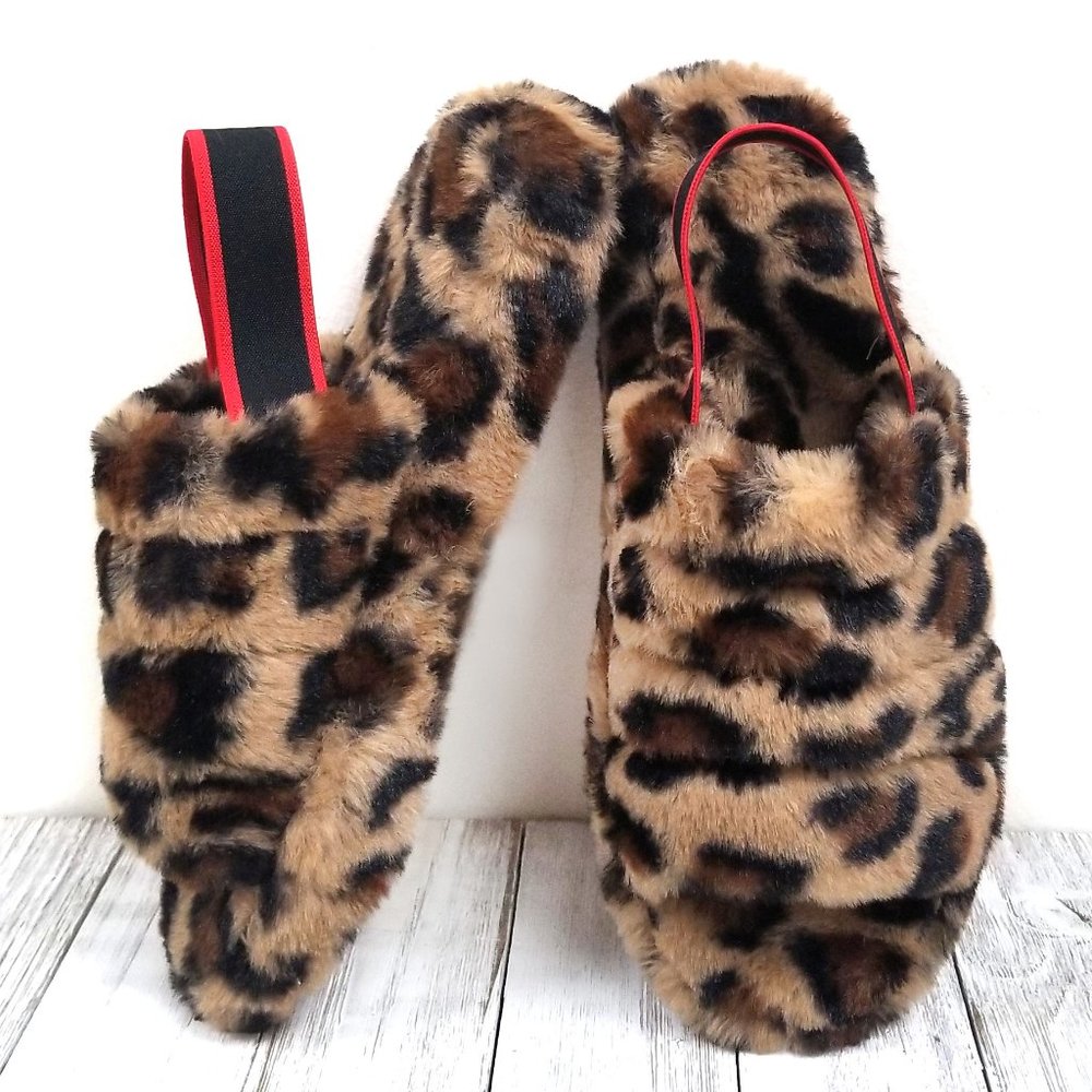 New Leopard Fuzz Faux Fur Slipper Slides Sandals